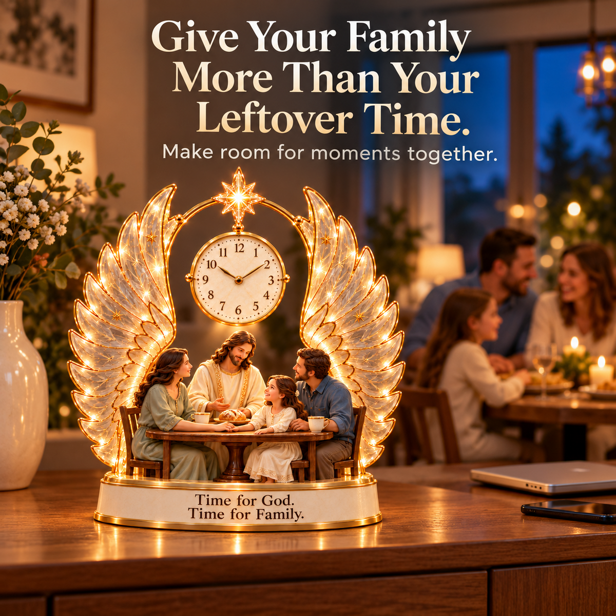 ✝️ Time for What Matters — Lighted Jesus & Family Table Clock