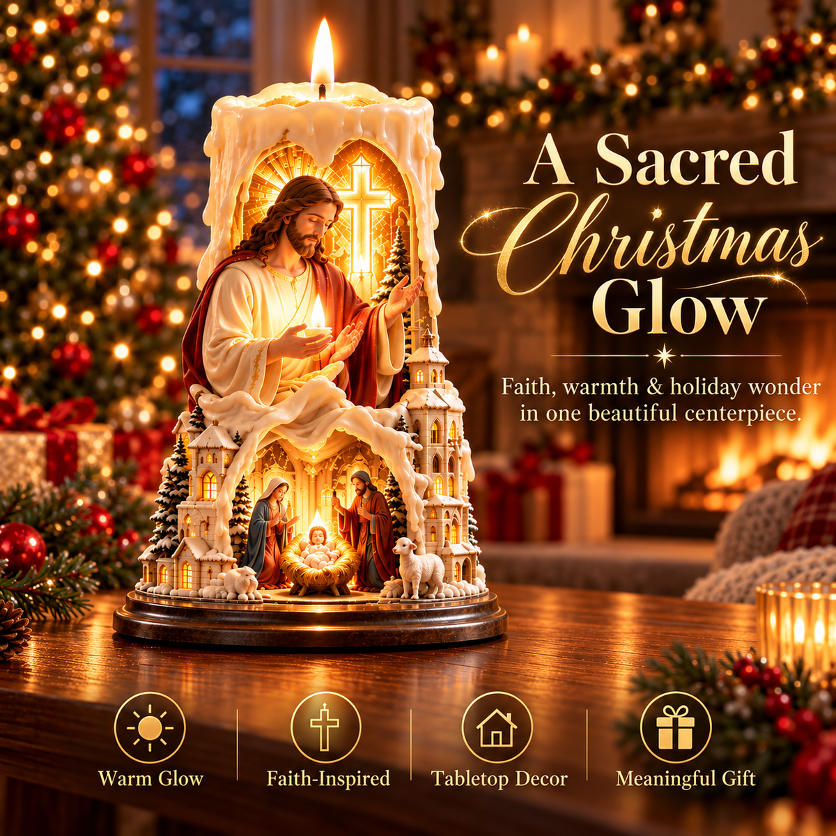 ✝️✨ Jesus Light of Faith™ – Illuminated Nativity Candle Centerpiece