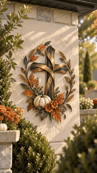 ✝️🍂 Autumn Cross & Pumpkin Harvest Metal Wall Decor