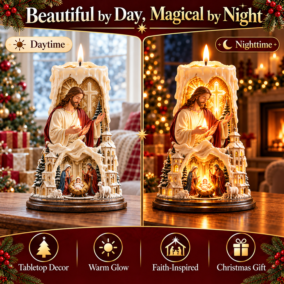 ✝️✨ Jesus Light of Faith™ – Illuminated Nativity Candle Centerpiece