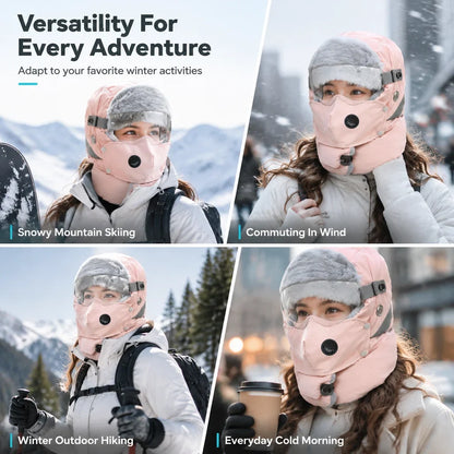 Winter Thermal Ushanka Hat with Detachable Face Mask and Goggles - 5-in-1 Windproof Cold Weather Gear