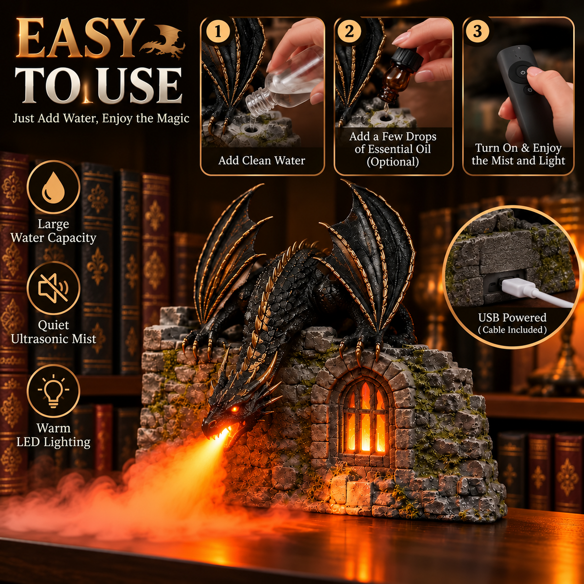 🐉 Dragon Air Humidifier with Flame Effect – Fantasy Magic for Your Reading Nook