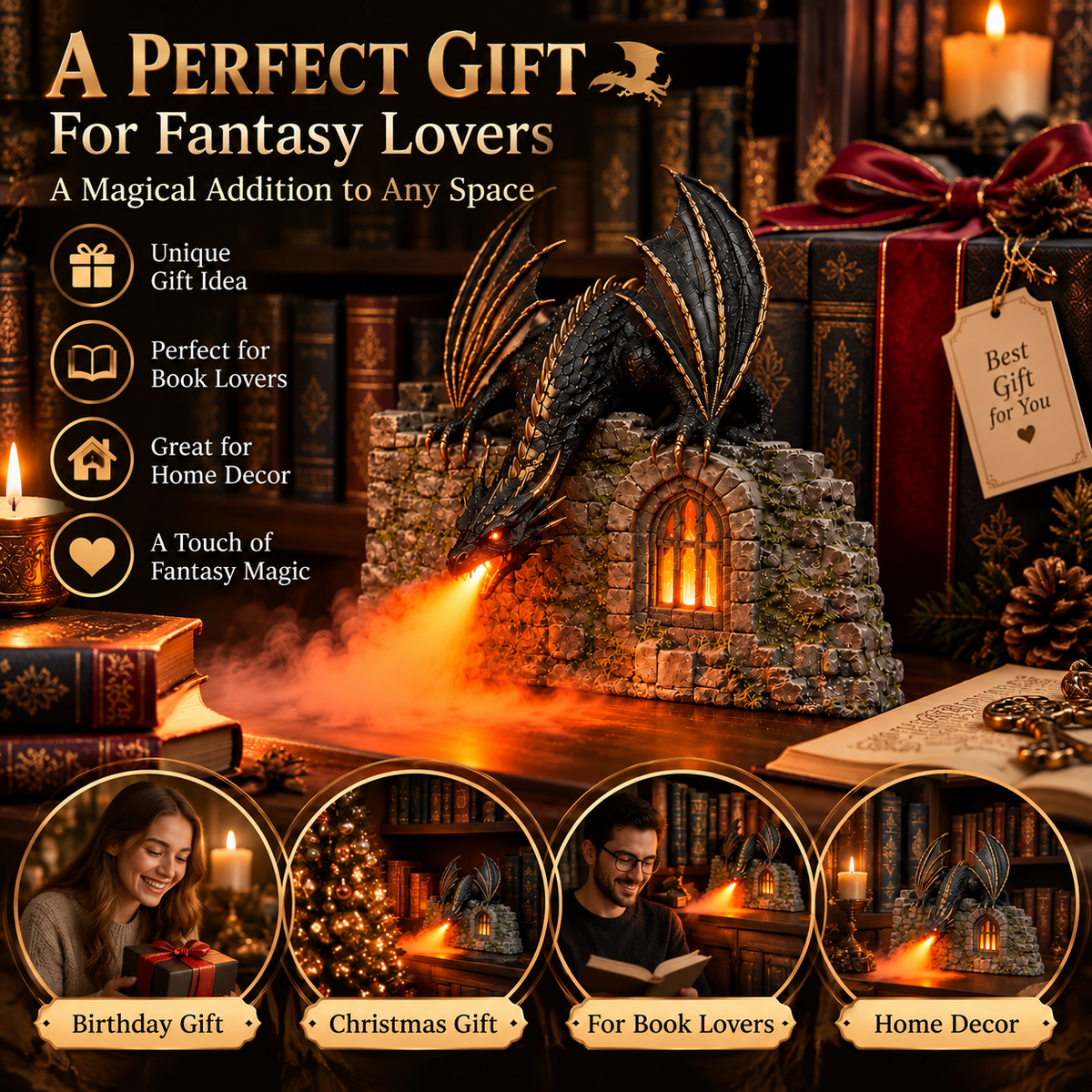 🐉 Dragon Air Humidifier with Flame Effect – Fantasy Magic for Your Reading Nook