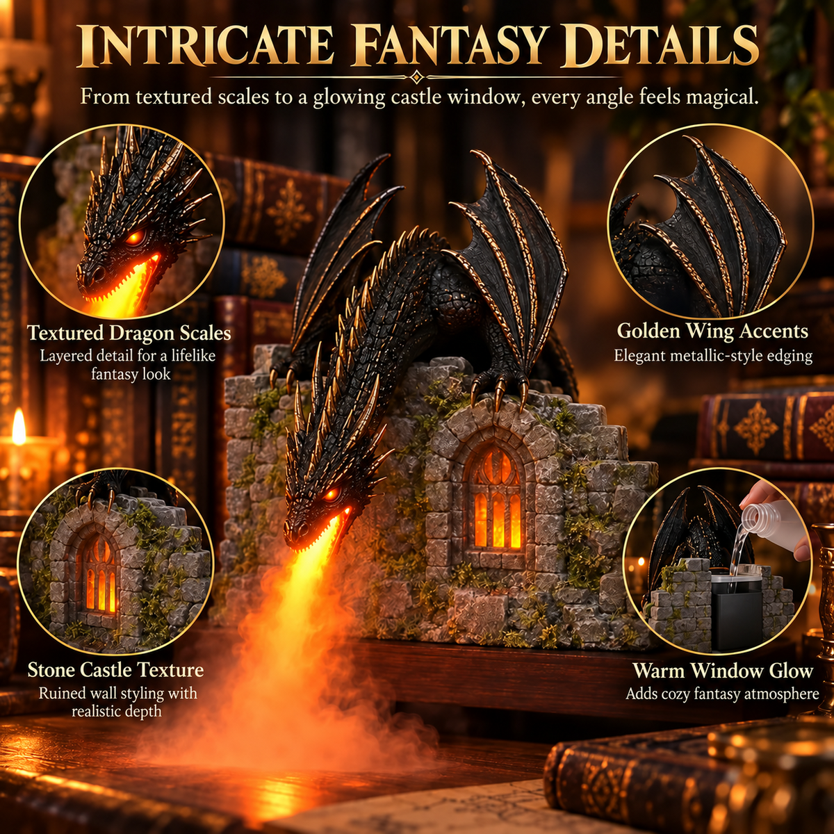 🐉 Dragon Air Humidifier with Flame Effect – Fantasy Magic for Your Reading Nook