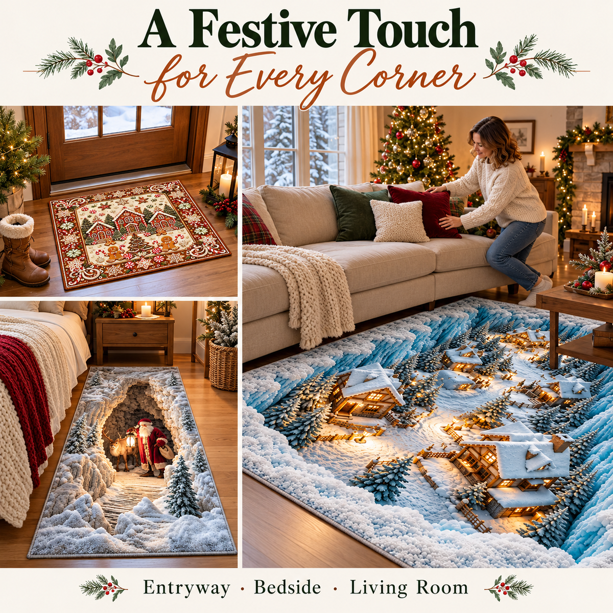 🎄 Christmas Holiday Optical Illusion Area Rug, Festive Winter Non-Slip Carpet for Living Room Decor ❄️