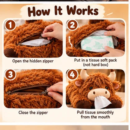 🐮🧻 Cute Highland Cow Tissue Holder – Plush Car & Home Decor 🎁