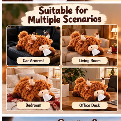 🐮🧻 Cute Highland Cow Tissue Holder – Plush Car & Home Decor 🎁