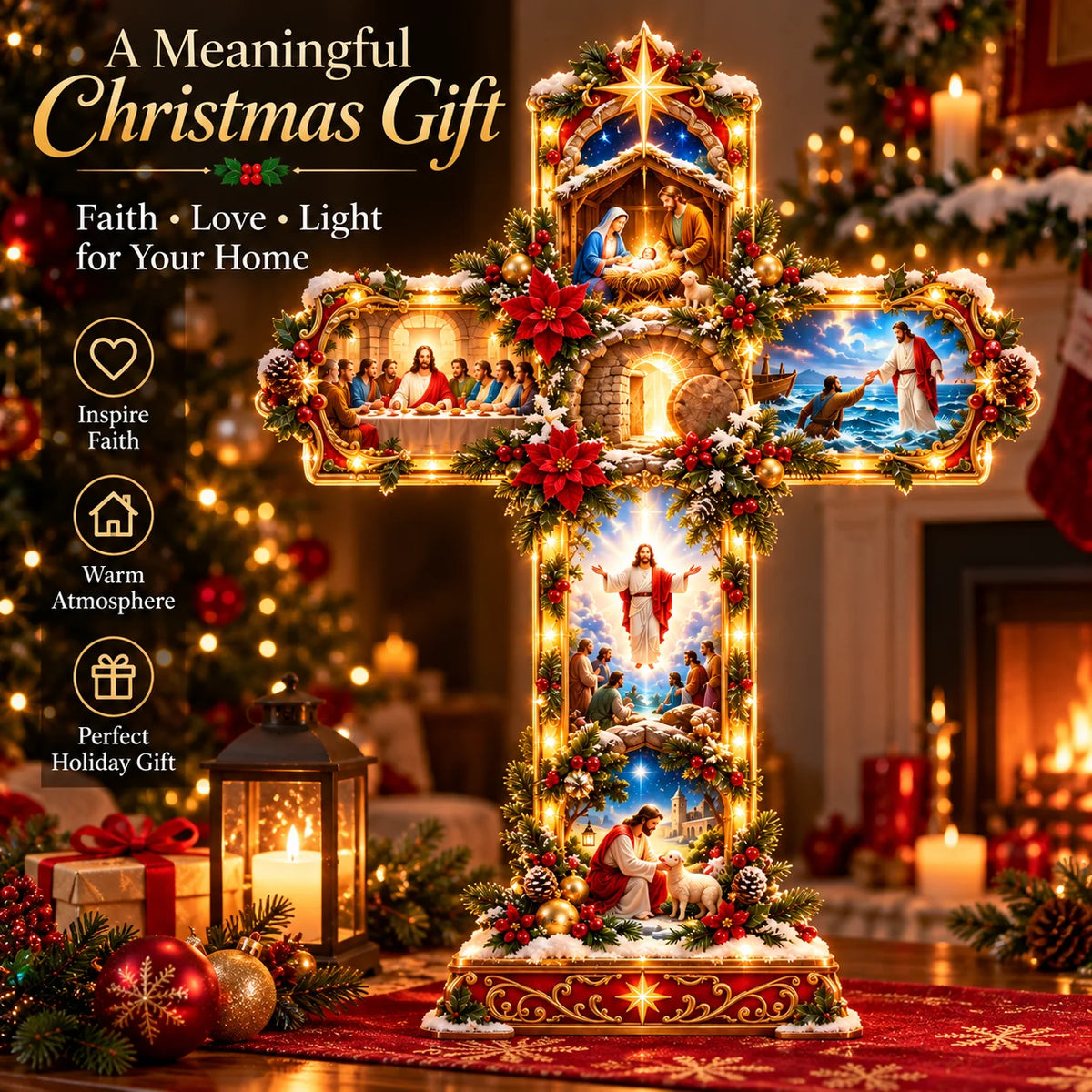 🎄✝️ The Story of Jesus™ – Lighted 3D Christmas Cross with 6 Biblical Scenes