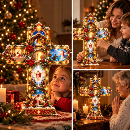 🎄✝️ The Story of Jesus™ – Lighted 3D Christmas Cross with 6 Biblical Scenes