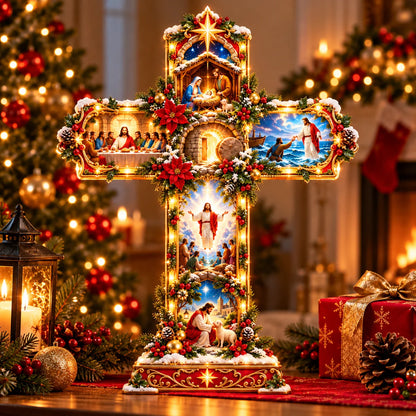 🎄✝️ The Story of Jesus™ – Lighted 3D Christmas Cross with 6 Biblical Scenes