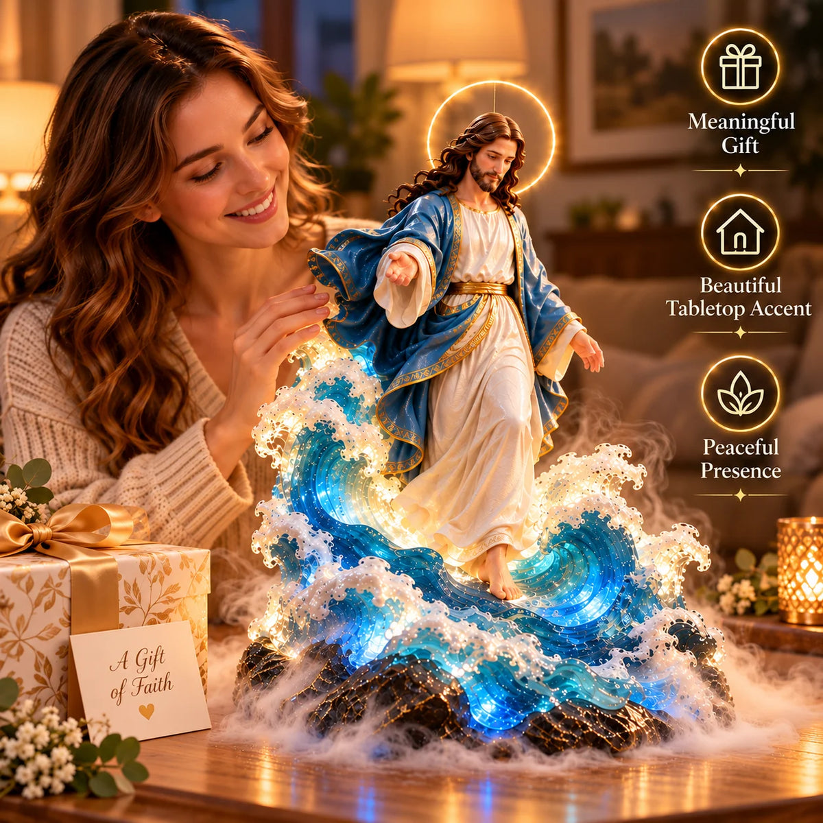 ✝️✨ Walk on Water™ – Lighted Jesus Ocean Mist Diffuser with Breathing Halo & Glowing Waves | A Gift of Faith & Peace