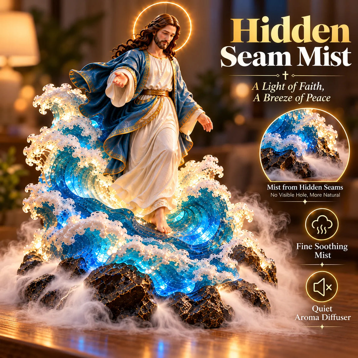 ✝️✨ Walk on Water™ – Lighted Jesus Ocean Mist Diffuser with Breathing Halo & Glowing Waves | A Gift of Faith & Peace