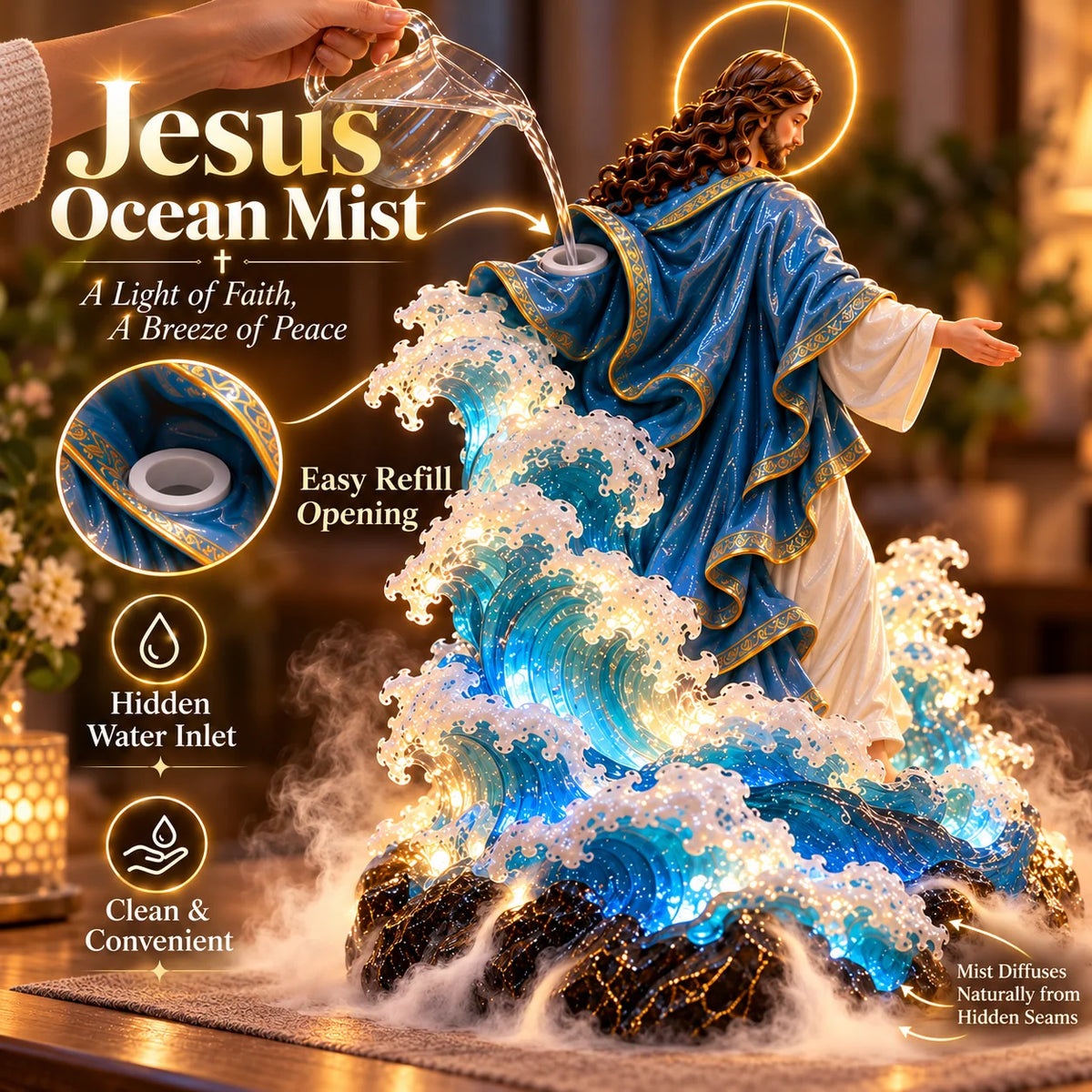 ✝️✨ Walk on Water™ – Lighted Jesus Ocean Mist Diffuser with Breathing Halo & Glowing Waves | A Gift of Faith & Peace