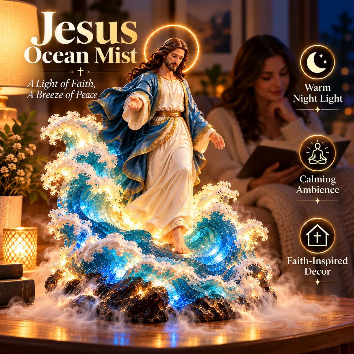 ✝️✨ Walk on Water™ – Lighted Jesus Ocean Mist Diffuser with Breathing Halo & Glowing Waves | A Gift of Faith & Peace