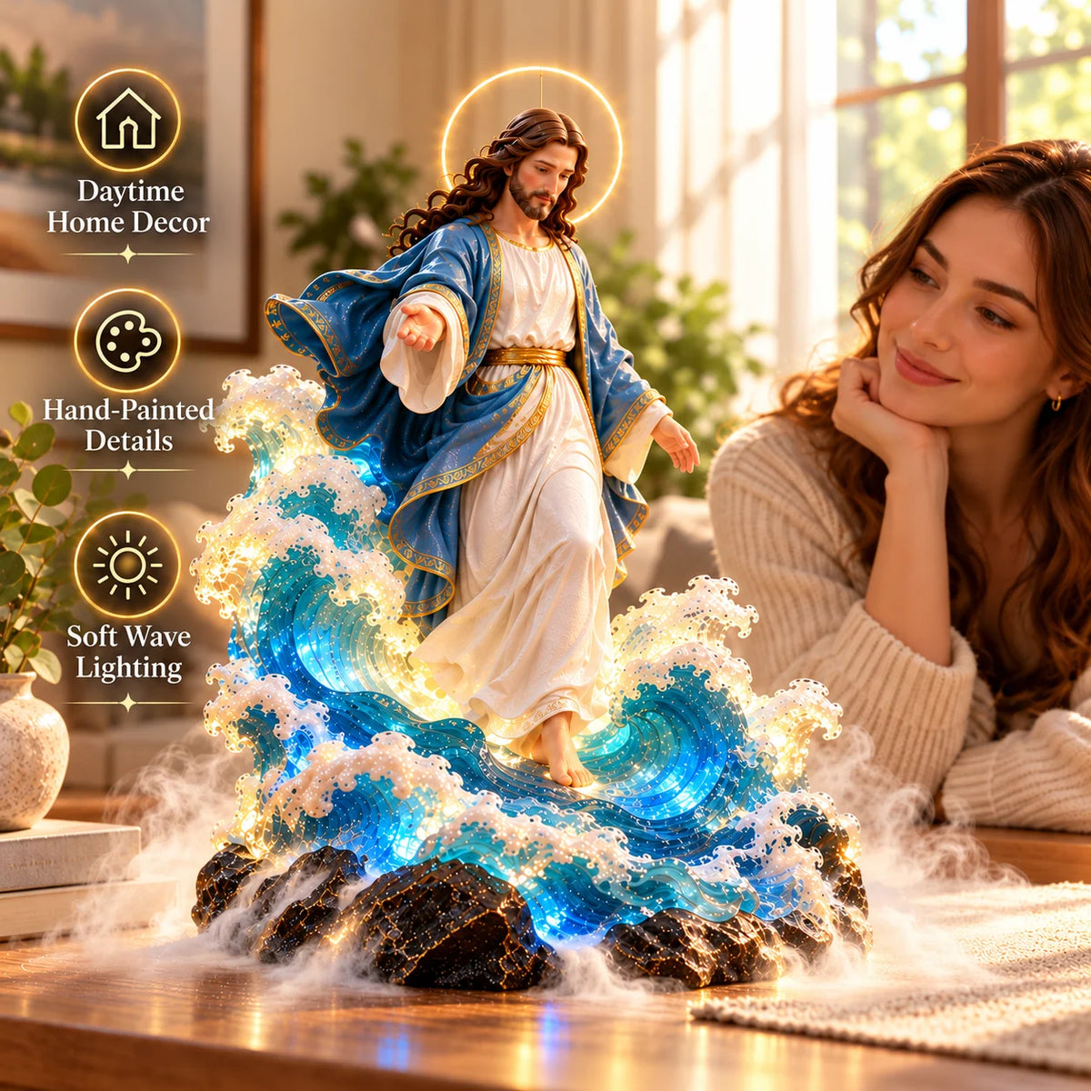 ✝️✨ Walk on Water™ – Lighted Jesus Ocean Mist Diffuser with Breathing Halo & Glowing Waves | A Gift of Faith & Peace