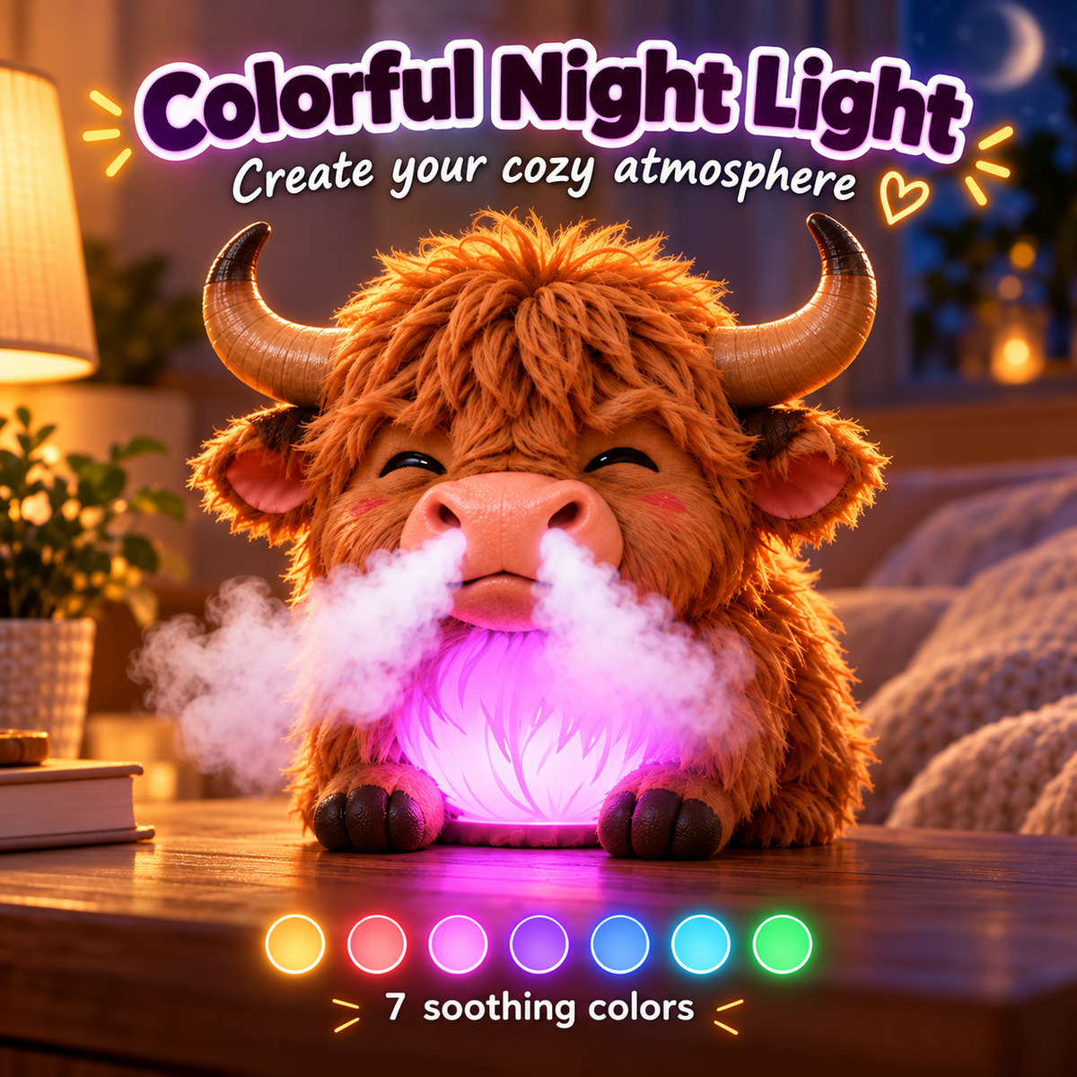 🎁✨ Highland Cow Huff™ – Tap-to-Puff Humidifier & Colorful Night Light 🐮💡