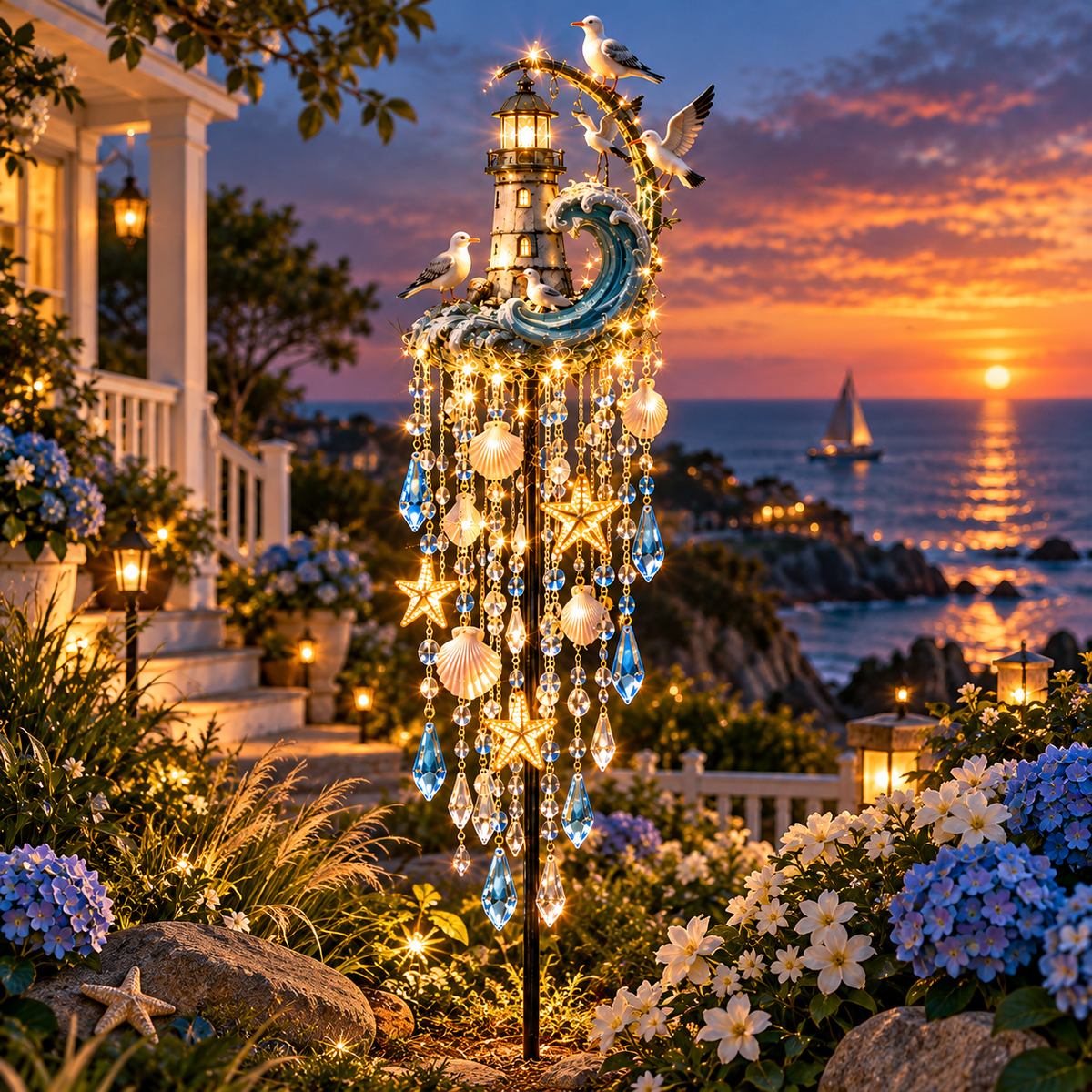 Lighthouse Tide Glow illuminated at dusk in an oceanfront flower garden