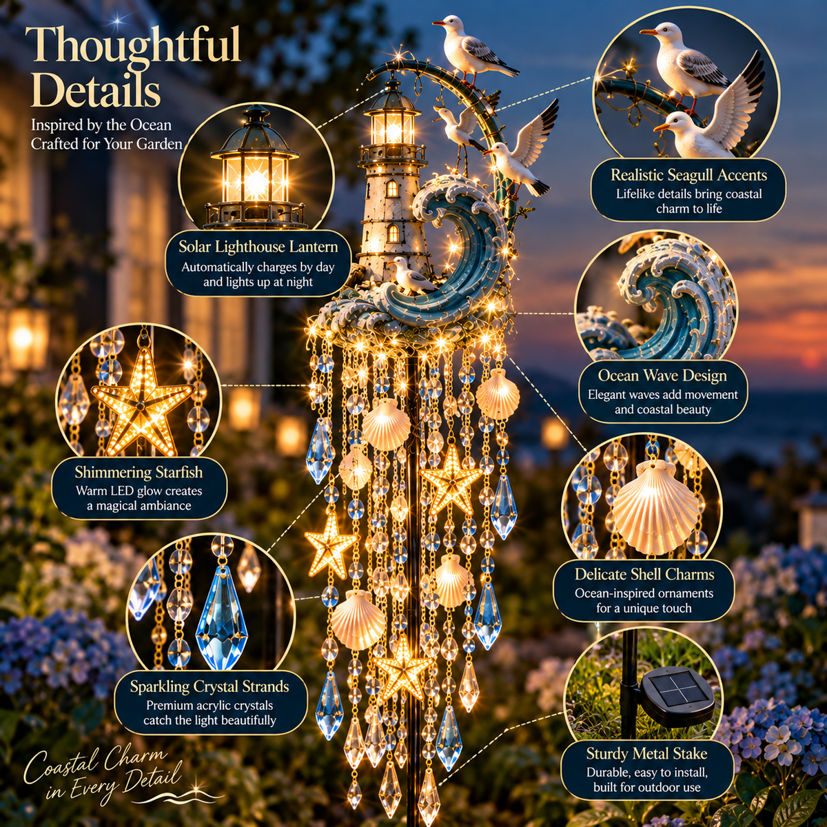 Detailed feature image of lighthouse light seagulls wave shells starfish tassels and solar panel