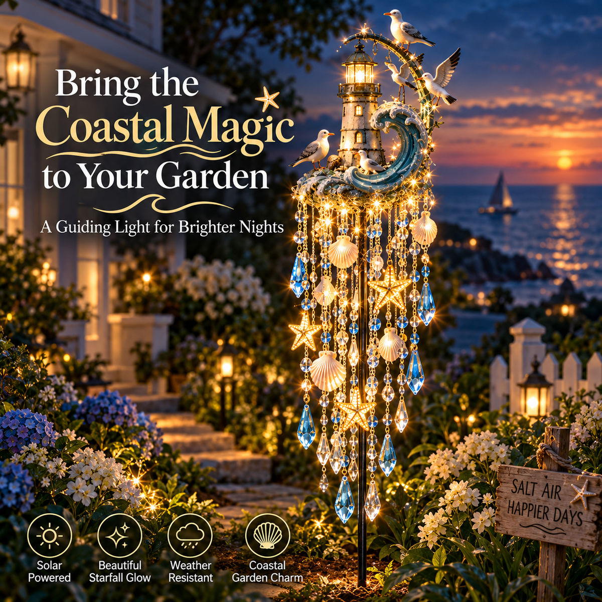 Lighthouse Tide Glow solar coastal garden stake light in a sunset garden with crystal tassels